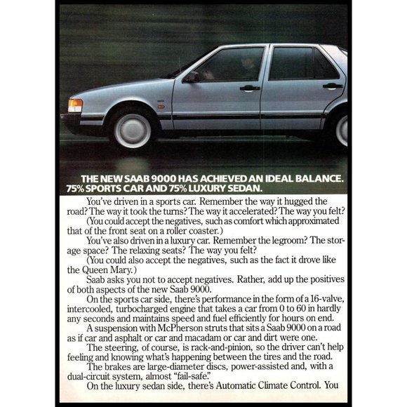 1986 Saab 9000 Sedan 2 Page Vintage Print Ad Back to Back Balance Wall Art - Picture 2 of 3